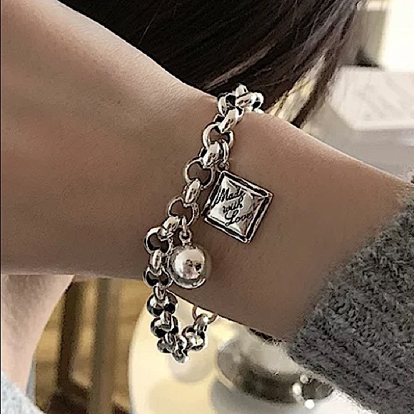 Sterling Silver Made with Love Bracelet Chain Link Ball Charm - Picture 2 of 12
